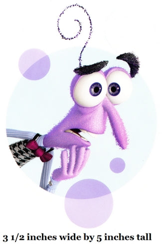 Purple plush toy with a top hat on a white background