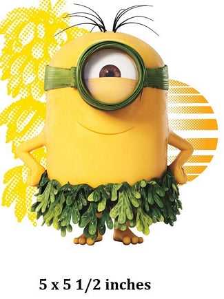 Minion character in a hula outfit with text indicating size