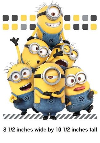 Cartoon minions in blue overalls with size dimensions on a white background