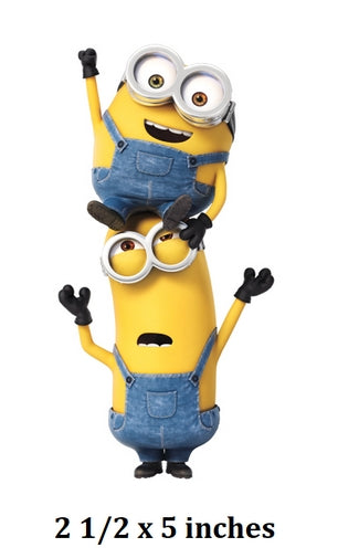 Two animated minions with text indicating size on a white background