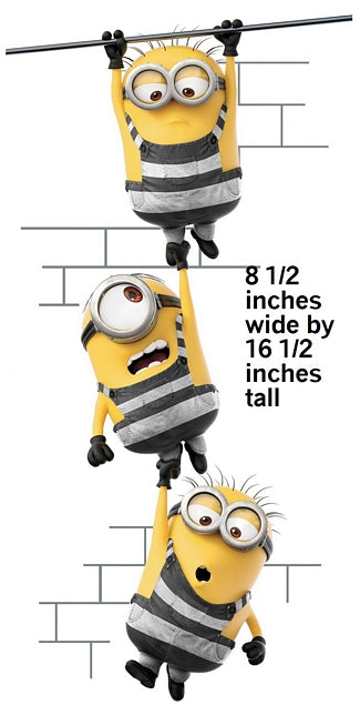 Three animated minions hanging from a wire with measurements displayed.