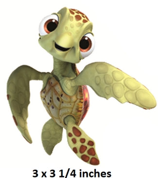 Toy turtle with red eyes and a label indicating size on a white background