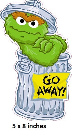Green character in a trash can with 'GO AWAY!' sign, 5 x 8 inches