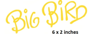 Yellow 'Big Bird' text with dimensions 6 x 2 inches on a white background