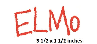 Red 'ELMo' logo with dimensions 3 1/2 x 1 1/2 inches on a white background