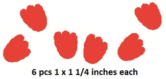 Red paw print stickers on a white background with text indicating size.