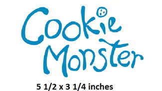 Text 'Cookie Monster' in blue with dimensions '5 1/2 x 3 1/4 inches' below it.