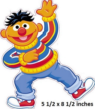 Cartoon character in a colorful sweater with text indicating size