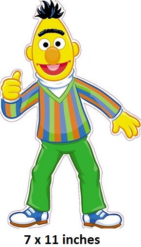 Cartoon character in a colorful striped shirt and green pants giving a thumbs up, with text indicating size.